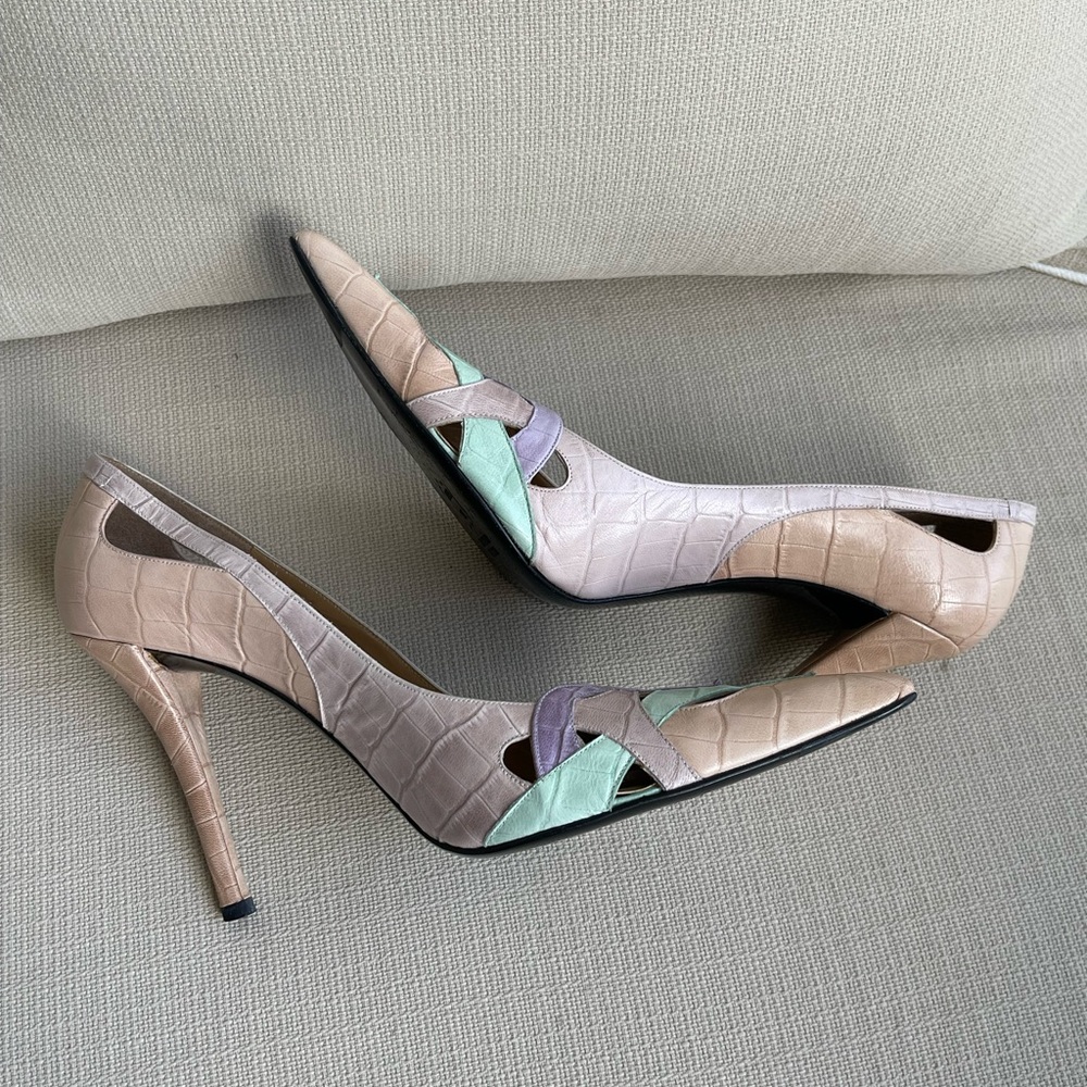 Stuart Weitzman Pastel Pink, Mint & Lavender Leather Pointed Toe HEELS SIZE 7.5 - Picture 7 of 14